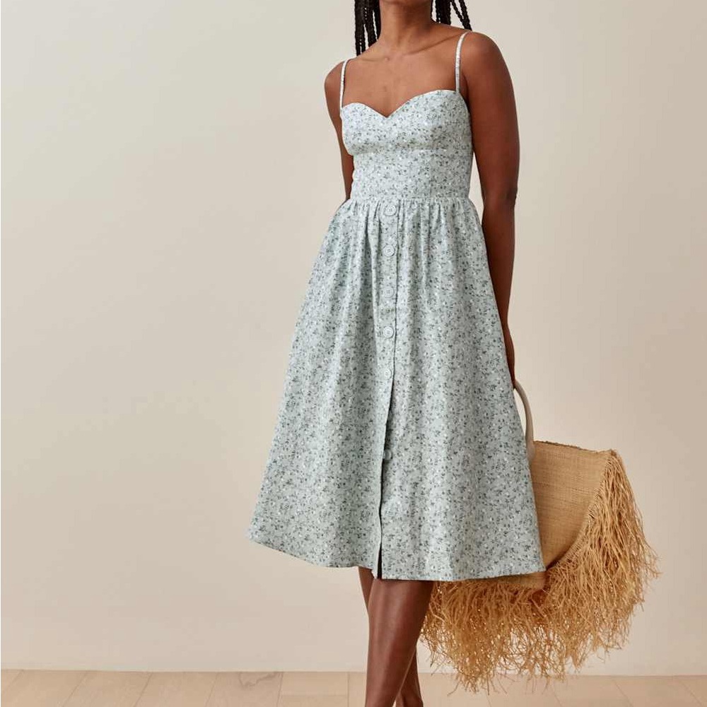 Reformation Cale Linen Floral Sweetheart Midi Dress